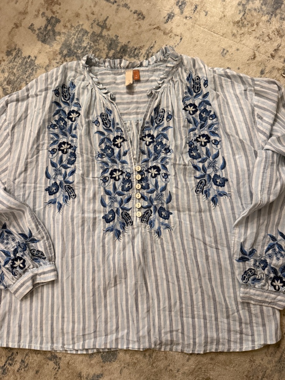 Pilcro Anthropologie Embroidered Blouse S Blue Stripe Cotton Boho Top - Picture 2 of 10